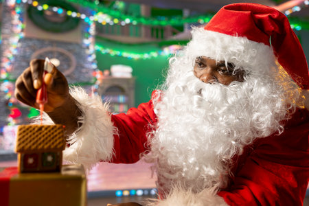 Father Christmas decorates homemade gingerbread house with frosting and beads, North Pole log cabin workshop. Santa Claus keeping the festive tradition of baking sweet treats with cinnamon.の写真素材