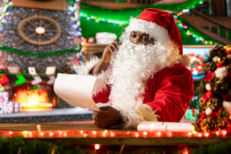 Santa Claus reading letters by the fire to spread the holiday spirit, chatting on a phone call. Traditional Christmas scene of festive joy captures the warmth and magic of the season.の写真素材