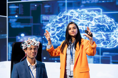 Portrait of specialist speaking at tech event, explaining impact of neural implants and AI technology. Neuroscience researchers present risks and threats associated with conscience transferringの写真素材