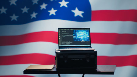 American programmer combating enemy bot accounts on social media with AI technology. Technician working for USA CIA agency building artificial intelligence algorithms to detect fake news, camera Aの写真素材