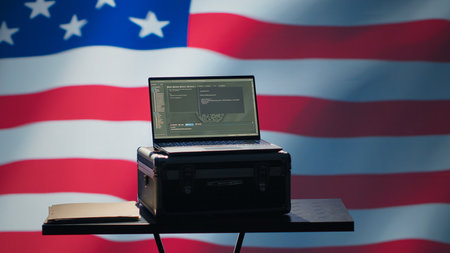 Laptop in CIA command center used by counterterrorism agents to run surveillance efforts against enemy of United States in conformity with Patriot Act law, isolated over USA flag, camera Aの写真素材