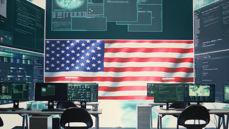 Empty cyber environment featuring the American flag on a big screen. Emphasizing cyber operations, digital safety and advanced technology for information security and cyber defense. Camera B.の写真素材