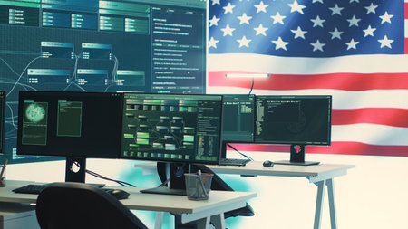 Cyber intelligence and secure operations center with USA flag on big screen. Highlighting governmental cybersecurity strategy, digital forensics and protection against cyber threats. Camera A.の写真素材
