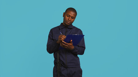Security guard holding clipboard, taking notes, receiving orders during protection job shift. Portrait of bodyguard using pen to write informations received, studio background, camera Bの写真素材