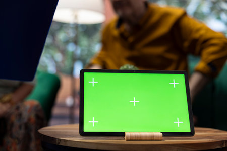 Caretaker offers professional advice to her elderly patients next to green screen on tablet, consulting senior couple during a home visit. Medical assistant provides support and medication.の写真素材