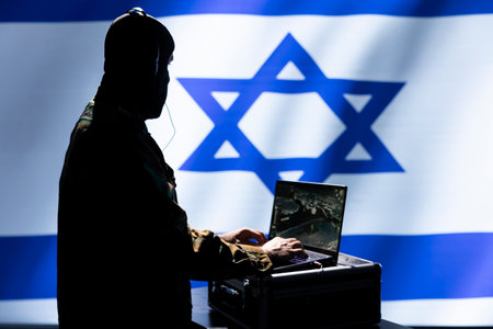 Mossad agent operating anti ballistic system designed to counter intercontinental missiles threatening country. Israeli counterintelligence operative defending national territory against rocketsの写真素材