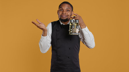 Waiter shrugging while he carries a cruet set with condiments, acting uncertain and showing i dont know symbol in studio. Professional customer focused staff is confused and unsure. Camera B.の写真素材