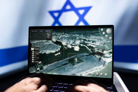 Israeli military personnel working on laptop, analyzing aerial reconnaissance data to come up with warfare winning tactics. Army specialist controlling drone, attacking strategic targetsの写真素材
