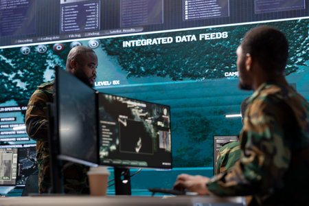 Cybersecurity team operates in an advanced military command center, managing surveillance systems and data protection. Army personnel work on national security operations using high tech gear.の写真素材