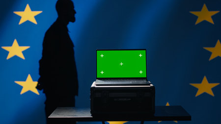 European Union using radar system on green screen laptop to detect missiles attacking member states. EU alliance army soldier scanning rockets approaching countries using mockup notebook, camera Aの写真素材