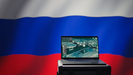 Russian Federal Security Service using radar system to detect ballistic missiles attacking borders. Kremlin regime army using notebook to scan approaching rockets, deploying shields, camera Bの写真素材