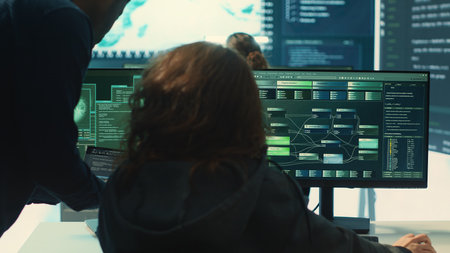 Governmental hackers team working on digital security and cyber defense measures, using pc and big screen. Experts focusing on cyber operations, network security and server protection. Camera A.の写真素材