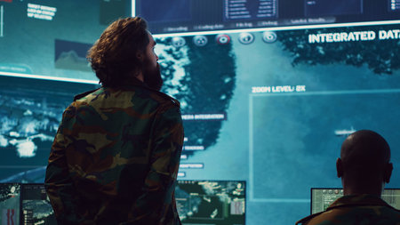 Sergeant major of the army handling a secret service operation by gathering intelligence from field troops and satellite CCTV imagery. Conducting a reconnaissance mission in command post. Camera A.の写真素材