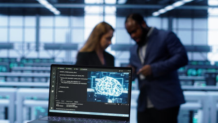 Close up of laptop with AI technology used to sustain data center hardware. Focus on notebook used by server room programmers in background using artificial intelligence tech, camera Aの写真素材