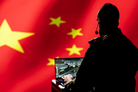 Chinese air defense operator using radar system on laptop to detect intercontinental ballistic missiles. CCP red army soldier scanning rockets approaching borders, isolated over China flagの写真素材