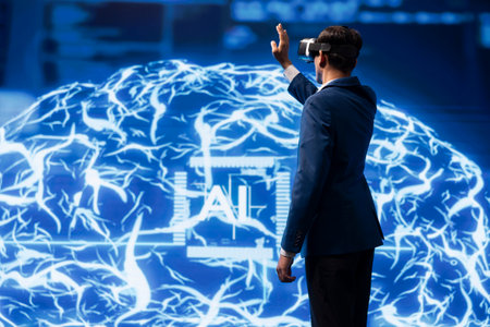 Computer scientist wearing VR headset looking at hologram of artificial intelligence human brain simulation. Man interacting with AI visualization showing machine learning algorithmsの写真素材