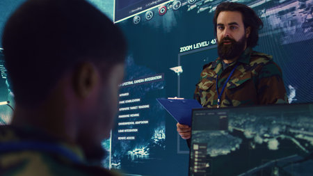 Infantry unit leader coordinating troops to execute special operations, briefing crew with mission details for national safety. Military commander studies real time surveillance data. Camera B.の写真素材