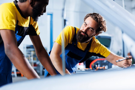 Technicians collaborating on servicing broken vehicle, checking for faulty exhaust system. Precise repairmen in auto repair shop working together on fixing automobile, discussing best optionsの写真素材