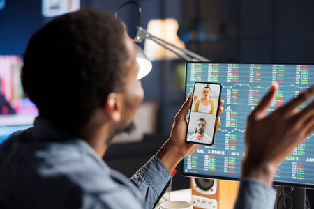 African american accountant on videocall with advisors calculating monthly revenue balance,...