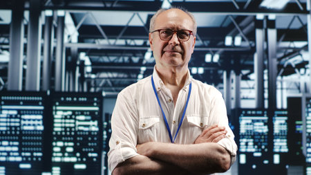 Portrait of senior technician looking around modern server hub in data center, preparing to start comission on malfunctioning high tech workplace hardware racks in order to ensure flawless operationsの写真素材