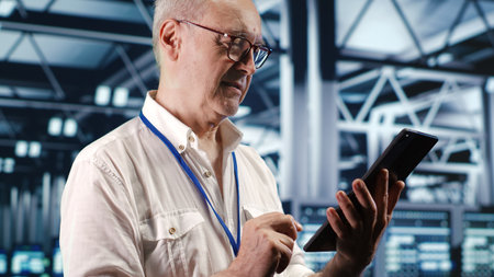 Engineer in high tech data center using tablet to monitor energy efficient servers using renewable...