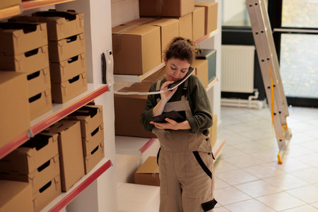Storehouse worker having remote call with manager using landline phone, discussing products shipping...