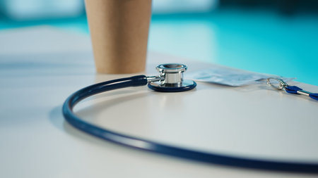 Well organized empty medical cabinet ready for healthcare services, featuring medical test results and radiography scans. Tools and equipment for accurate diagnostics and patient care. Close up.の写真素材