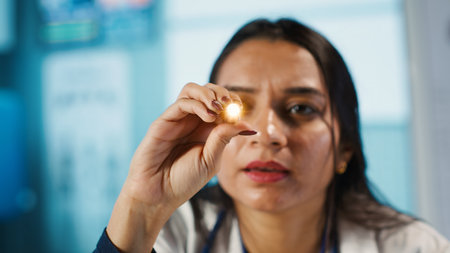 Optometrist examining eyesight with diagnostic tools for a male patient. Indian healthcare provider conducts vision test, consulting on eye care treatment and prescription options. Camera A.の写真素材