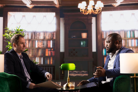 Two espionage agents reviewing confidential documents in a stylish library, emphasizing secret...