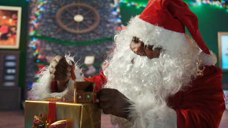 Father Christmas decorates homemade gingerbread house with frosting and beads, cabin workshop. Santa keeping the festive tradition of baking sweet treats with cinnamon.の写真素材