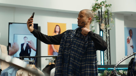 Fashionable male client goes shopping with a friend on remote videocall, searching for trendy garments in a stylish clothing store. Modern retail experience at an apparel boutique. Camera A.の写真素材