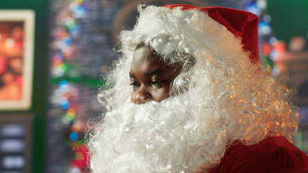 Father Christmas is browsing websites on his laptop and checking holiday gift lists from his North Pole cabin. The festive season is alive with online magic and holiday traditions.の写真素材