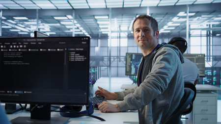 Portrait of joyous IT expert in server farm ensuring valuable data remains shielded from threats....