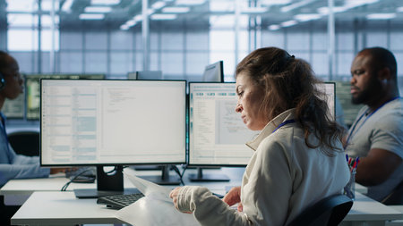 Employee overseeing server room, reading documentation paperwork, troubleshooting hardware. Supervisor doing inspection in server hub, reading technical files at computer desk, camera Aの写真素材