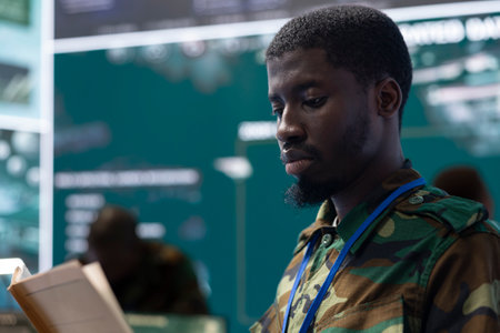 Army soldier reading a new defense operation case file in military headquarters, using...