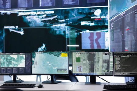 Empty military control center power base with a big screen for reconnaissance and surveillance on a...