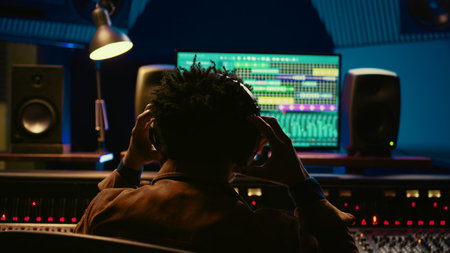 African american music producer recording tracks and editing them in post production, using mixing console with knobs and sliders. Audio expert processing sounds with technical gear. Camera B.の写真素材