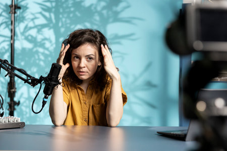 Woman feeling angry, sharing concerning story during social media video, complaining in front of watchers. Upset woman talking with viewersの写真素材