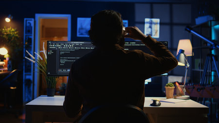 Software engineer writes complex binary code scripts on computer, close up. Teleworking IT...