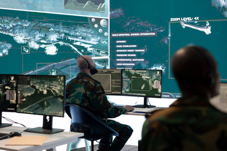 Military staff reviewing CCTV satellite imagery on a big screen in monitoring room, working on a new defense operation. Soldier ensuring mission safety and success in command post.の写真素材