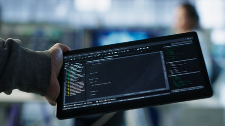 Computer scientist in data center solving tasks on tablet, running programming scripts. Engineer manipulating lines of code for AI applications development using device, camera A close upの写真素材