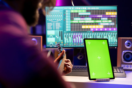 Music producer guitarist playing acoustic instrument in home studio, recording a new song on daw software interface. Artist learns new guitar accords next to greenscreen display tablet.の写真素材