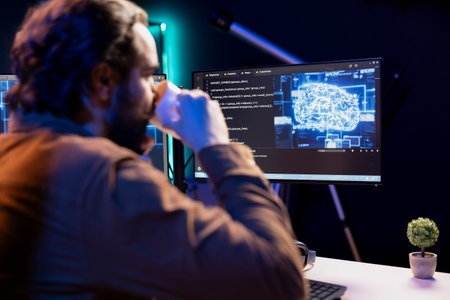 Programmer drinking coffee and doing maintenance on artificial intelligence neural networks computerized model. Tech support expert enjoying hot beverage while checking up on AI systemsの写真素材