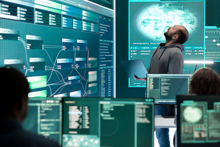 Hacker specialist working on governmental cyber surveillance in agency center, examining stolen...