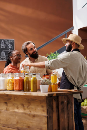 Image shows young multiethnic couple receiving assistance from middle eastern male vendor. Salesman...