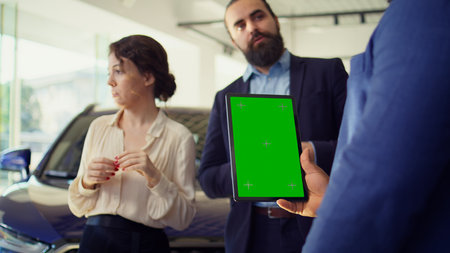 Dealership salesman showing car models on green screen tablet to clients, making recommendations. Showroom agent presents financing options to customers on chroma key device, camera Bの写真素材
