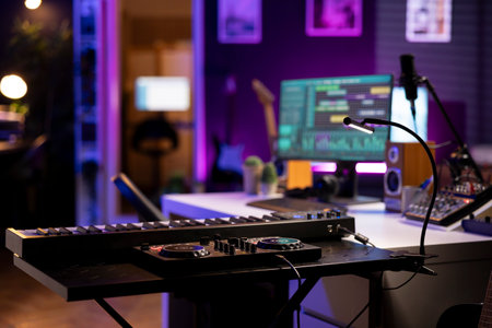 Empty home studio used to produce music and tunes with electronic devices, acoustics instruments and...