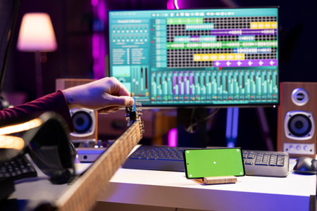 Beginner guitarist watching online tutorial to learn tuning his guitar strings, looks at greenscreen display on mobile phone. Artist learning to play acoustic instrument, practicing new accords.の写真素材