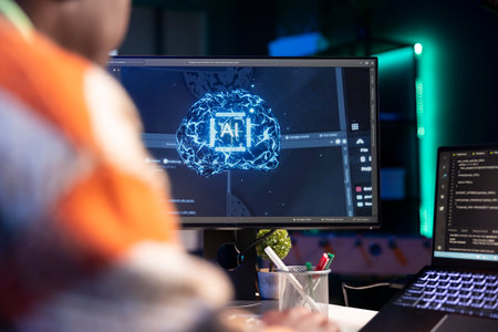 Professional male developer manages neural network at desk, working with AI code on laptop. African...