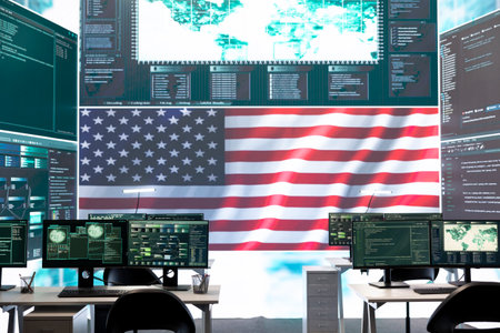 High tech governmental cyber operations center with USA flag. Network security, cyber defense and global surveillance to protect national security. Hacking tools for digital defense.の写真素材